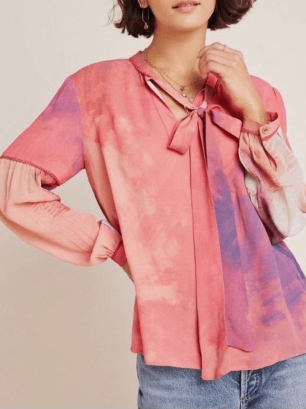 Bl-nk Sz M Mina Tye-died Peasant Blouse Tie-Neck Watercolor Anthropologie Boho